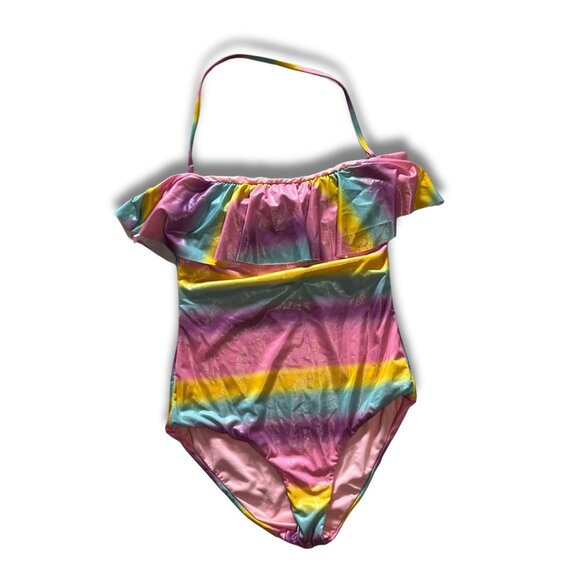 Tezenis Calzedonia Rainbow Striped One-Piece Swimsuit With Ruffle Off-Shoulder D - Picture 2 of 4